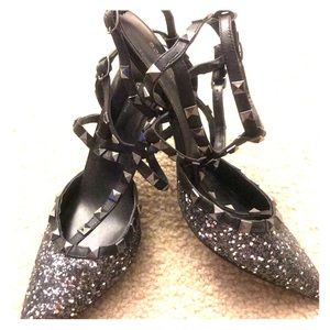 BCBG Studded Sparkly T Strap Party Heels